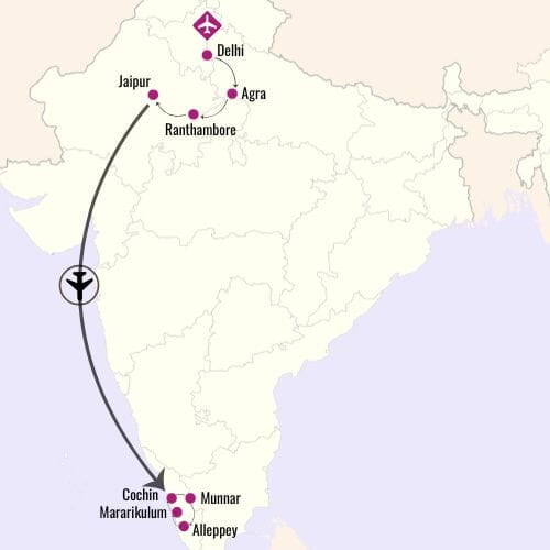North India and Kerala Tour Map